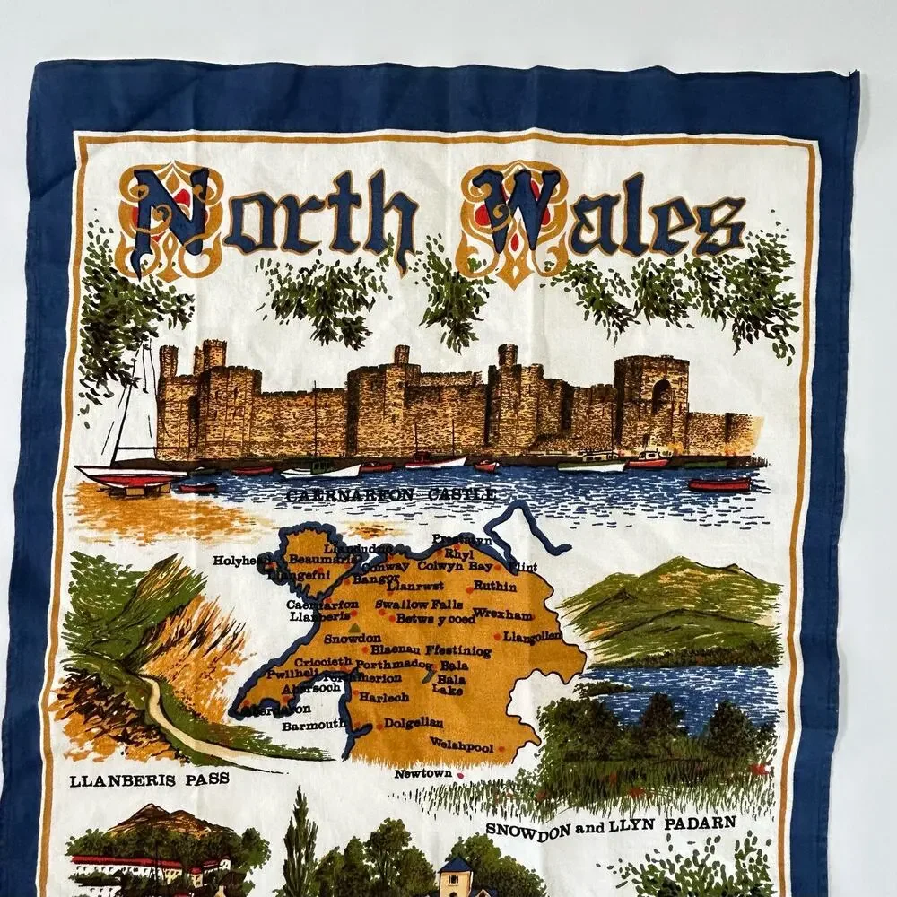 Vintage Travel Souvenir England North Wales Towel Kitchen Wall Hanging